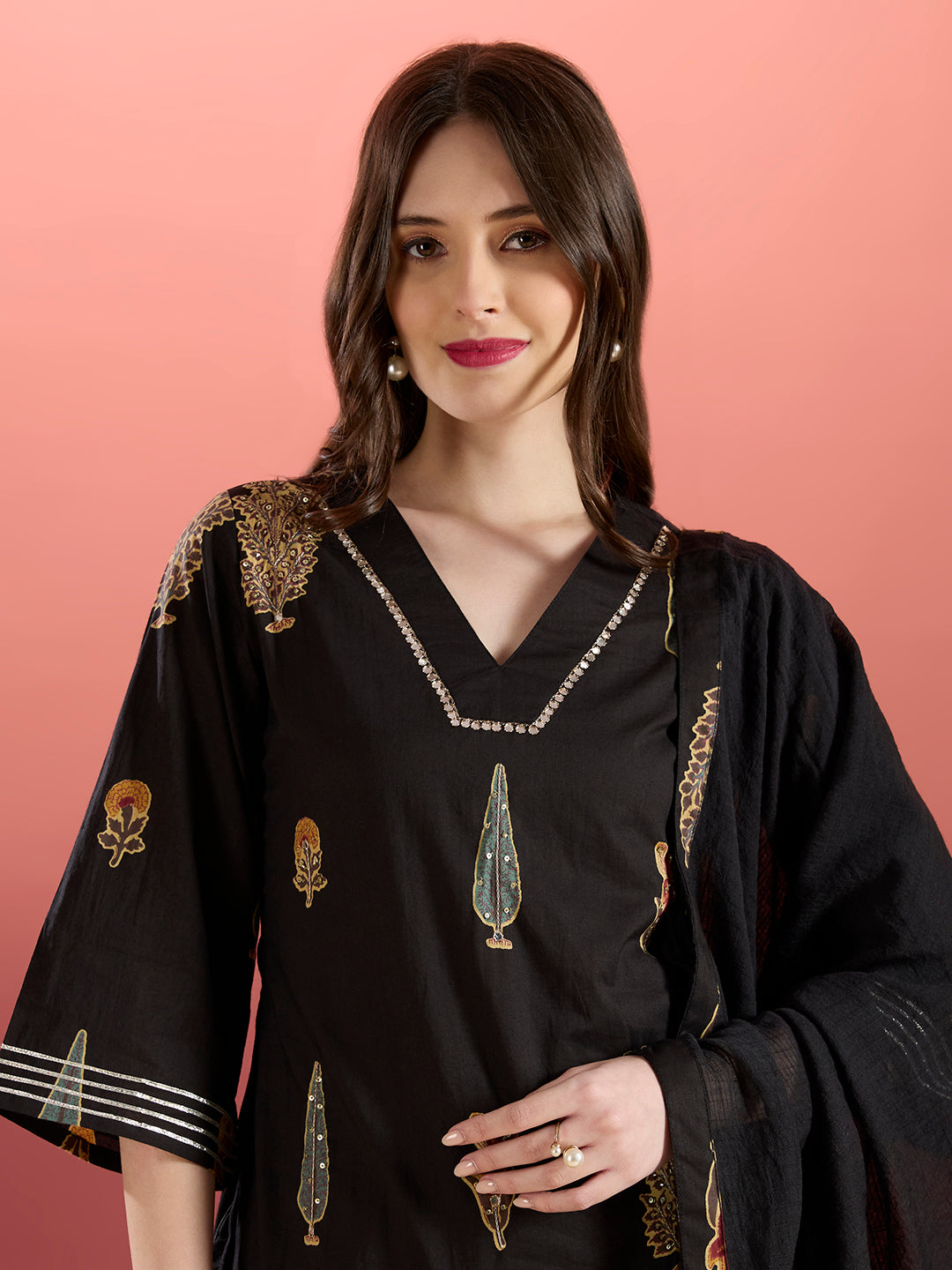 Ethnic Embroidered Printed Straight Kurta with Sharara and Dupatta - Black