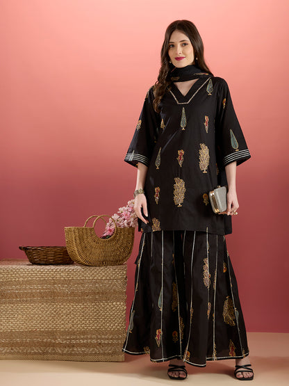 Ethnic Embroidered Printed Straight Kurta with Sharara and Dupatta - Black