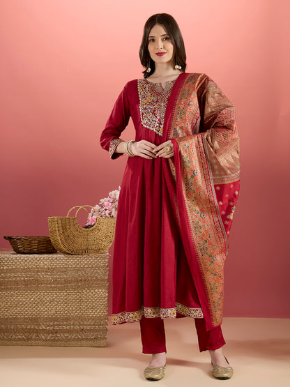 Solid Floral Embroidered Anarkali Kurta with Pant & Printed Dupatta - Maroon