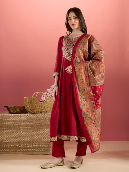 Solid Floral Embroidered Anarkali Kurta with Pant & Printed Dupatta - Maroon
