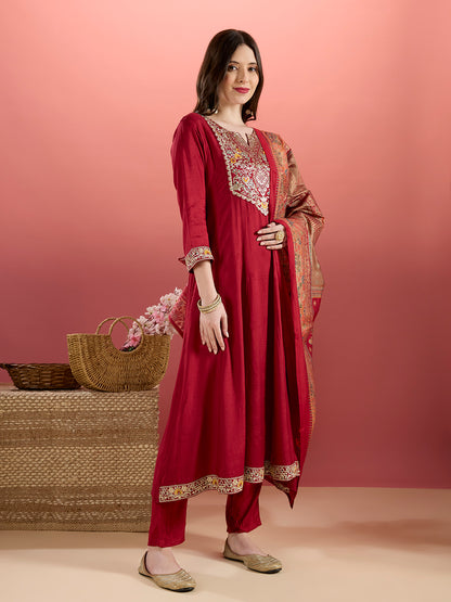 Solid Floral Embroidered Anarkali Kurta with Pant & Printed Dupatta - Maroon