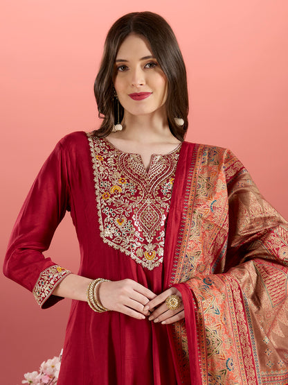 Solid Floral Embroidered Anarkali Kurta with Pant & Printed Dupatta - Maroon