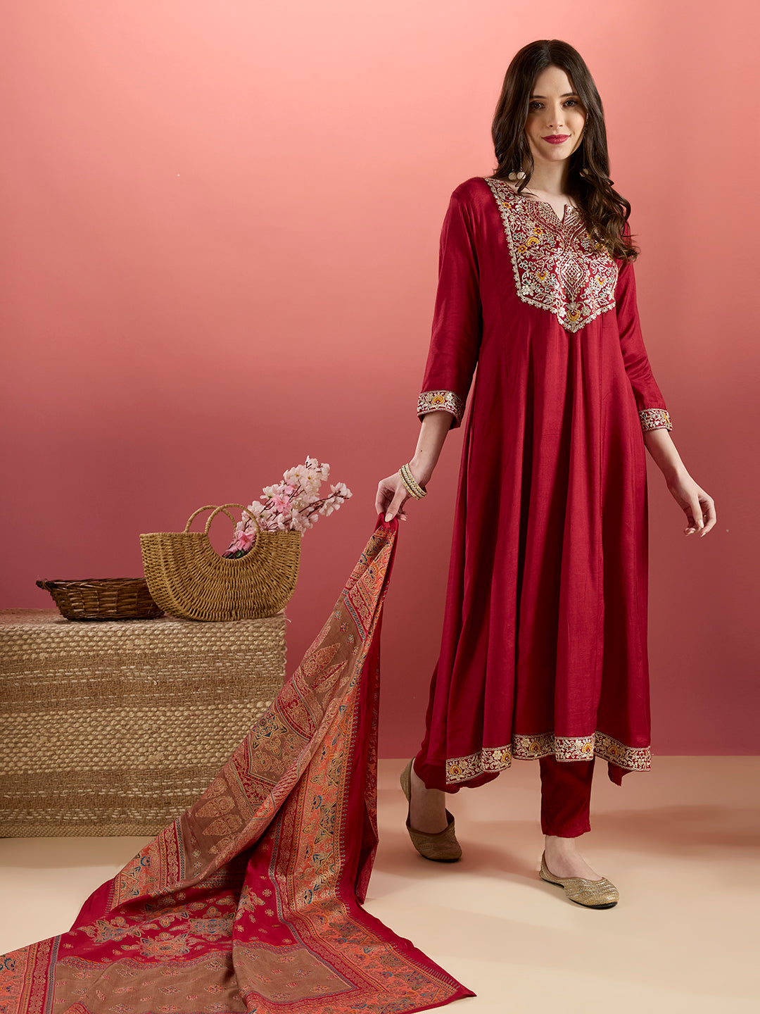 Solid Floral Embroidered Anarkali Kurta with Pant & Printed Dupatta - Maroon