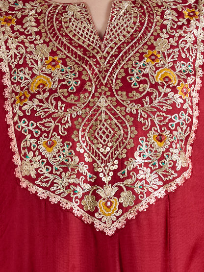 Solid Floral Embroidered Anarkali Kurta with Pant & Printed Dupatta - Maroon