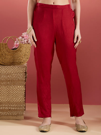 Solid Floral Embroidered Anarkali Kurta with Pant & Printed Dupatta - Maroon