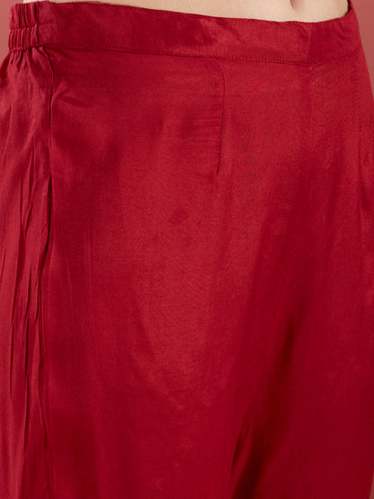 Solid Floral Embroidered Anarkali Kurta with Pant & Printed Dupatta - Maroon