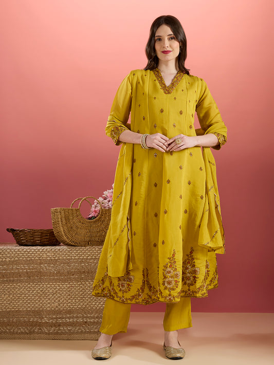 Festive Zari Embroidered Anarkali & Kurta with Pant and Dupatta - Yellow