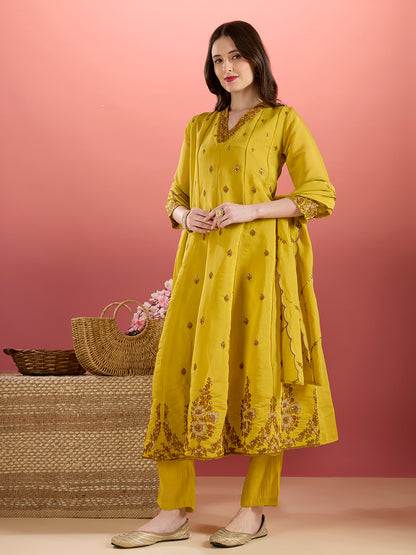 Festive Zari Embroidered Anarkali & Kurta with Pant and Dupatta - Yellow