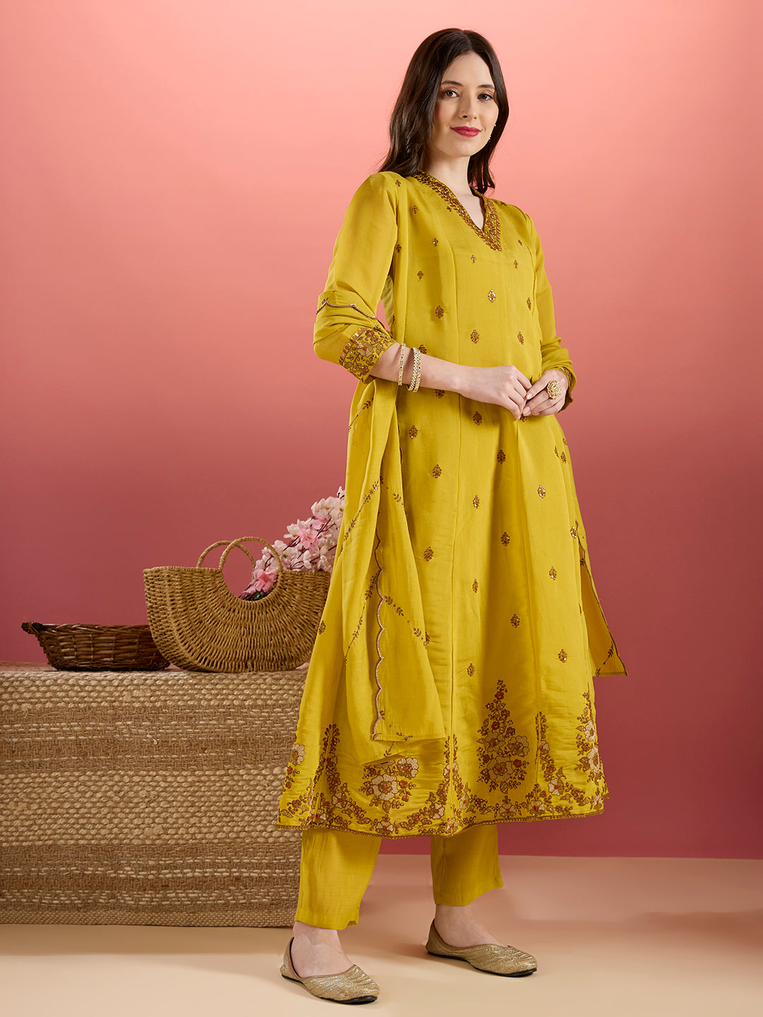 Festive Zari Embroidered Anarkali & Kurta with Pant and Dupatta - Yellow