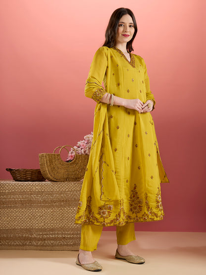 Festive Zari Embroidered Anarkali & Kurta with Pant and Dupatta - Yellow