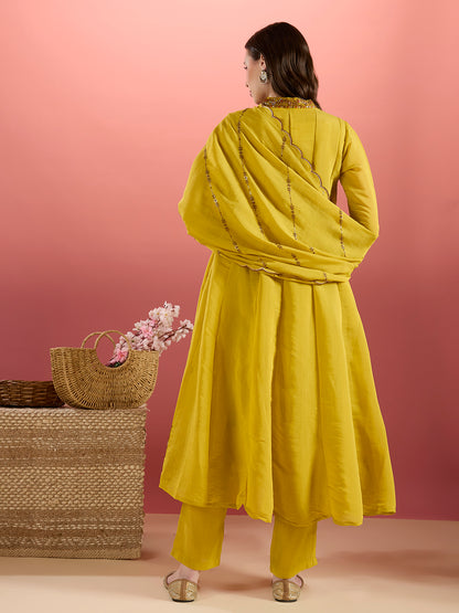 Festive Zari Embroidered Anarkali & Kurta with Pant and Dupatta - Yellow