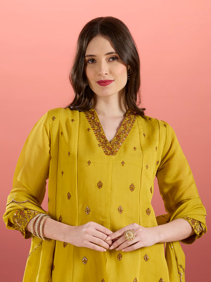 Festive Zari Embroidered Anarkali & Kurta with Pant and Dupatta - Yellow