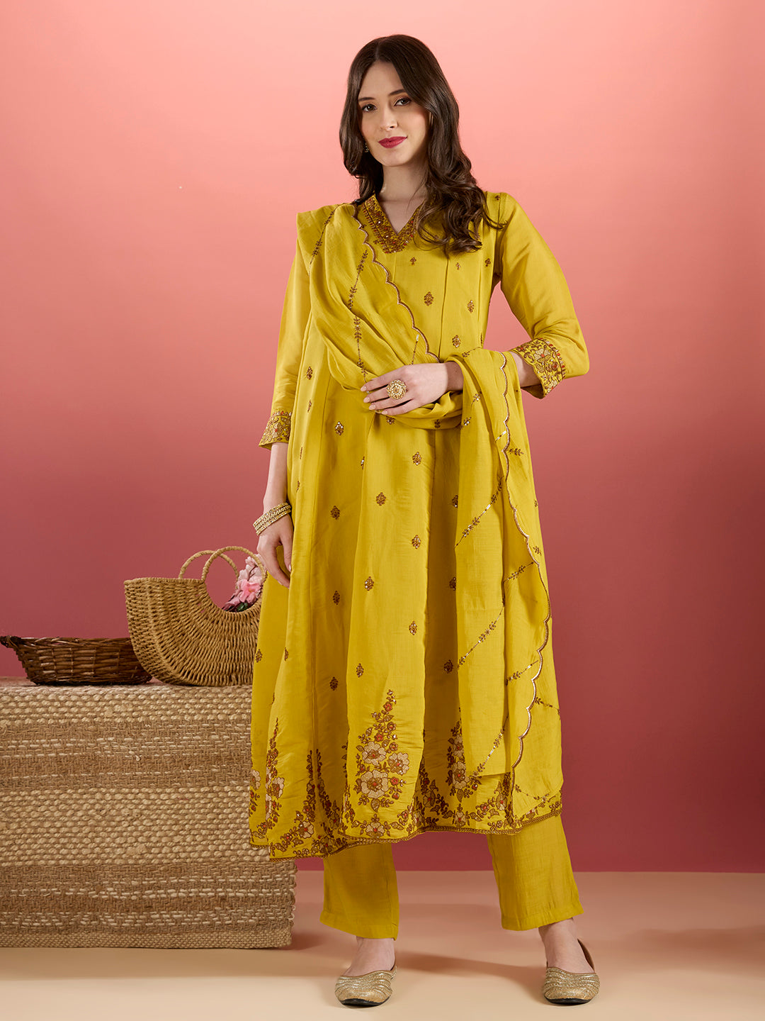 Festive Zari Embroidered Anarkali & Kurta with Pant and Dupatta - Yellow