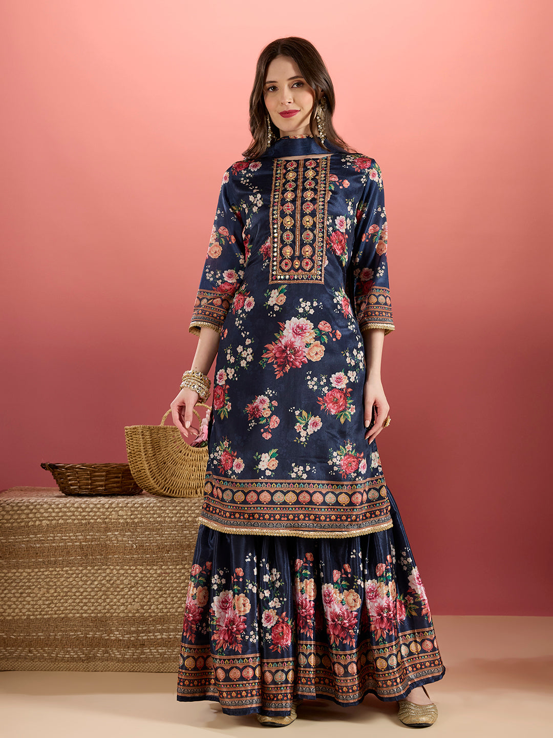 Floral Printed & Embroidered Straight Kurta with Sharara & Dupatta - Navy Blue