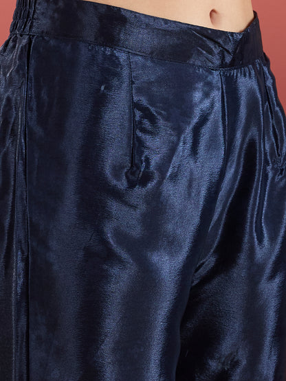 Floral Printed & Embroidered Straight Kurta with Sharara & Dupatta - Navy Blue