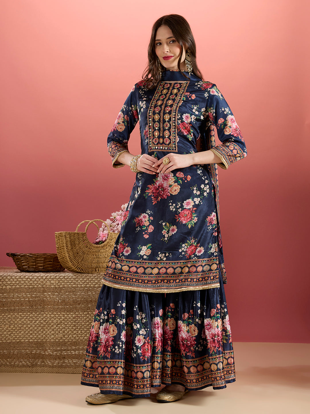 Floral Printed & Embroidered Straight Kurta with Sharara & Dupatta - Navy Blue