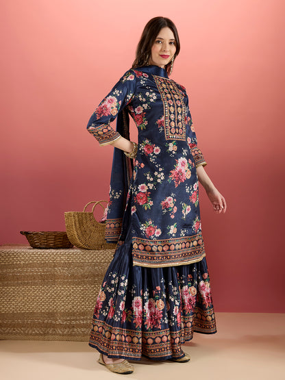 Floral Printed & Embroidered Straight Kurta with Sharara & Dupatta - Navy Blue