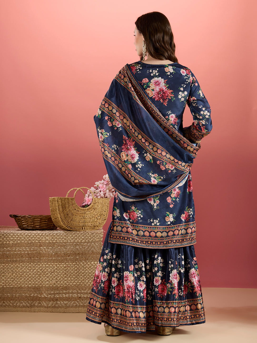 Floral Printed & Embroidered Straight Kurta with Sharara & Dupatta - Navy Blue