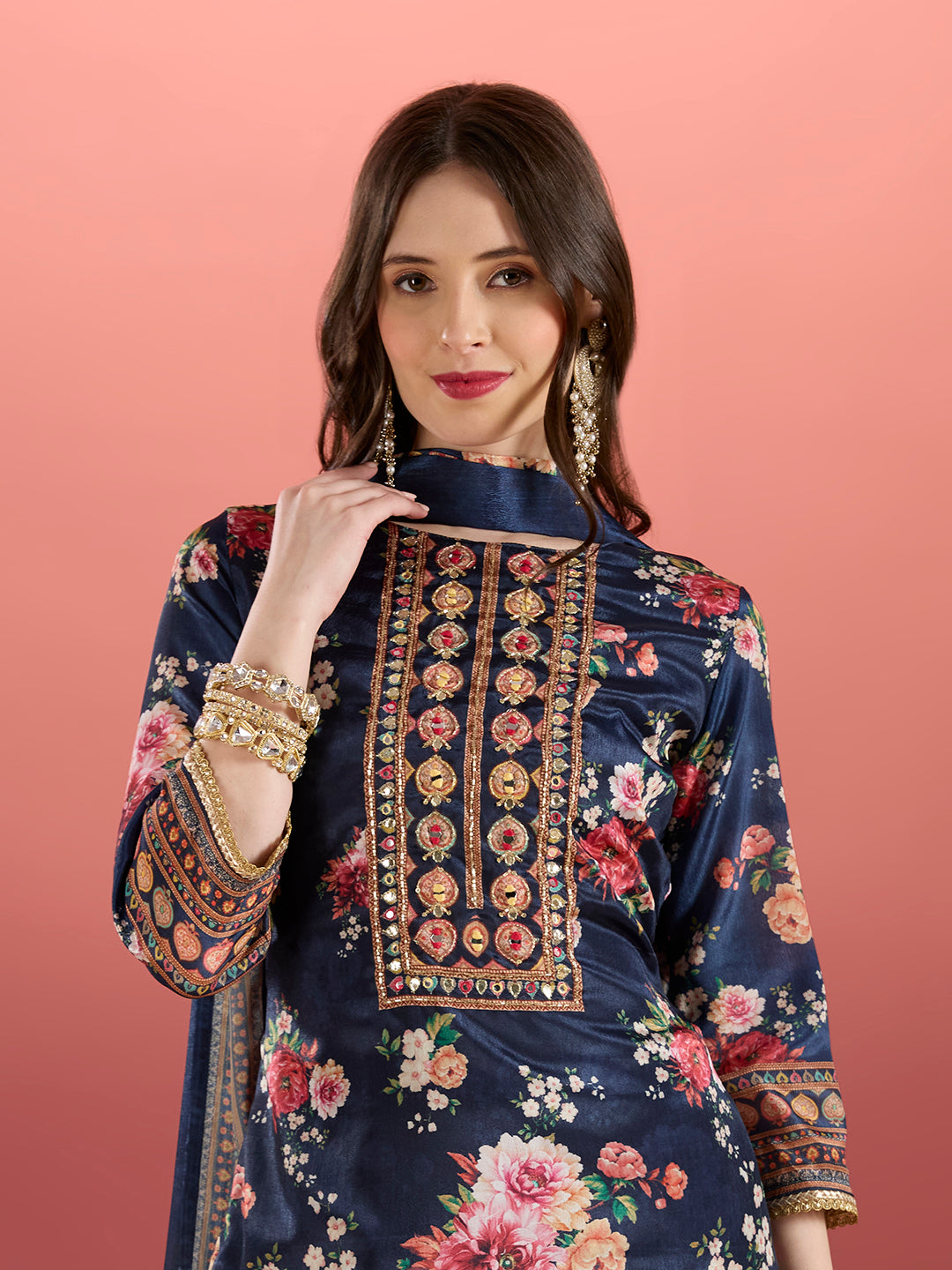 Floral Printed & Embroidered Straight Kurta with Sharara & Dupatta - Navy Blue