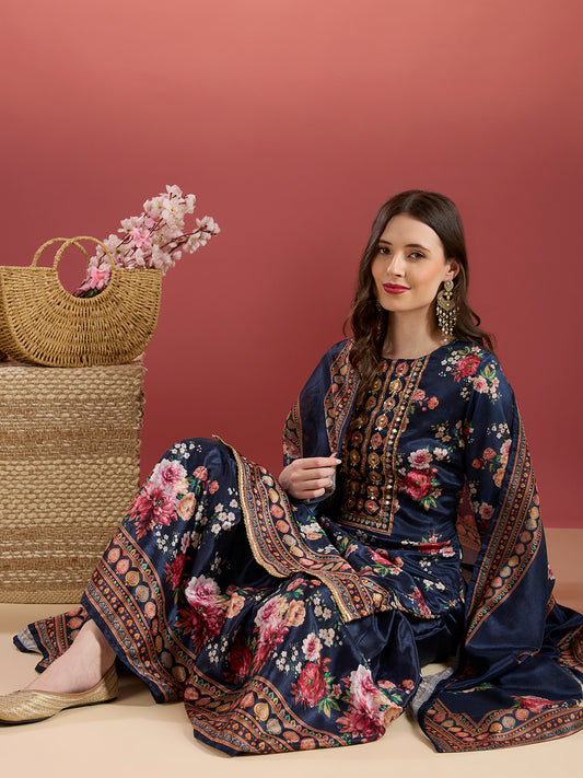Floral Printed & Embroidered Straight Kurta with Sharara & Dupatta - Navy Blue