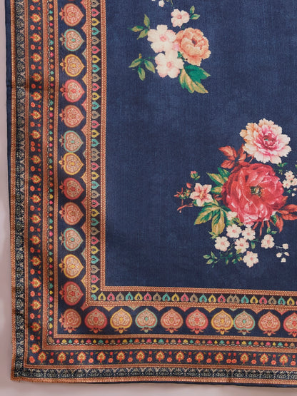 Floral Printed & Embroidered Straight Kurta with Sharara & Dupatta - Navy Blue