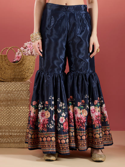 Floral Printed & Embroidered Straight Kurta with Sharara & Dupatta - Navy Blue