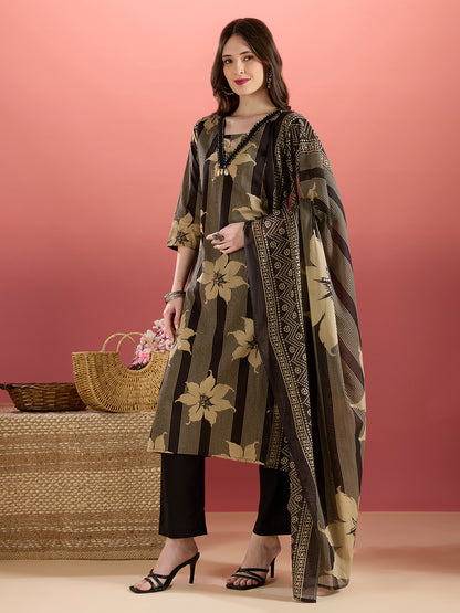 Stripes & Floral Printed Straight Kurta with Pant & Dupatta - Black