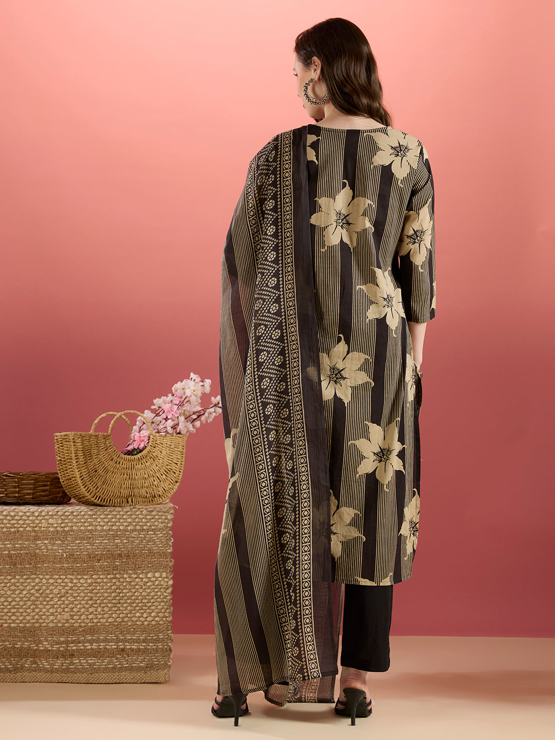Stripes & Floral Printed Straight Kurta with Pant & Dupatta - Black