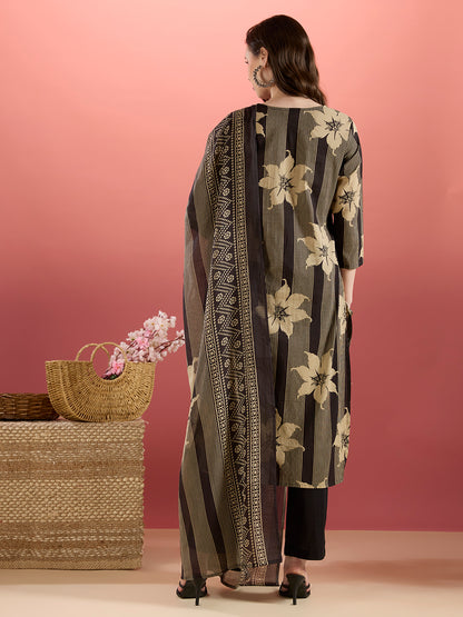 Stripes & Floral Printed Straight Kurta with Pant & Dupatta - Black