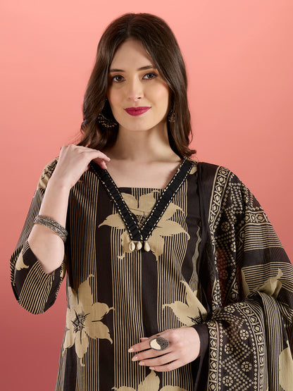 Stripes & Floral Printed Straight Kurta with Pant & Dupatta - Black
