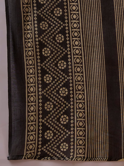 Stripes & Floral Printed Straight Kurta with Pant & Dupatta - Black