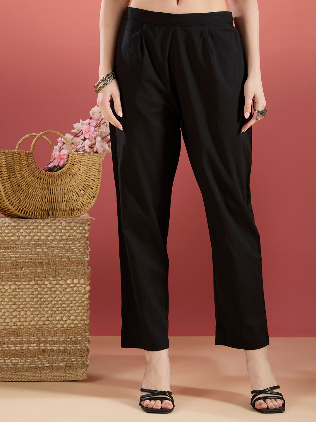 Stripes & Floral Printed Straight Kurta with Pant & Dupatta - Black
