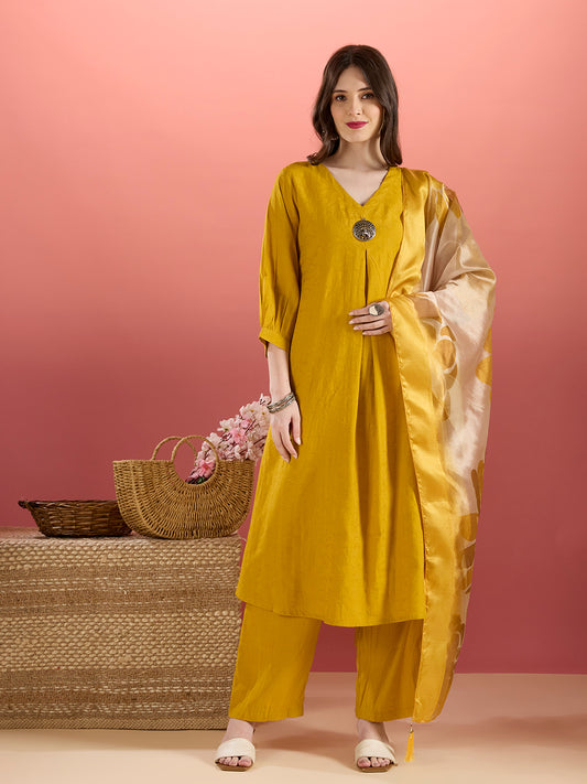Solid Floral Embroidered A-Line Kurta with Palazzo and Dupatta - Mustard