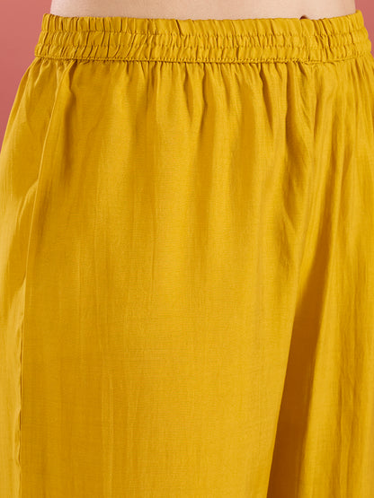 Solid Floral Embroidered A-Line Kurta with Palazzo and Dupatta - Mustard