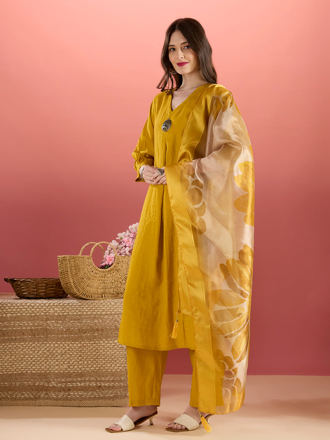 Solid Floral Embroidered A-Line Kurta with Palazzo and Dupatta - Mustard
