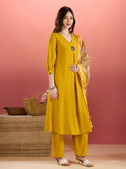 Solid Floral Embroidered A-Line Kurta with Palazzo and Dupatta - Mustard