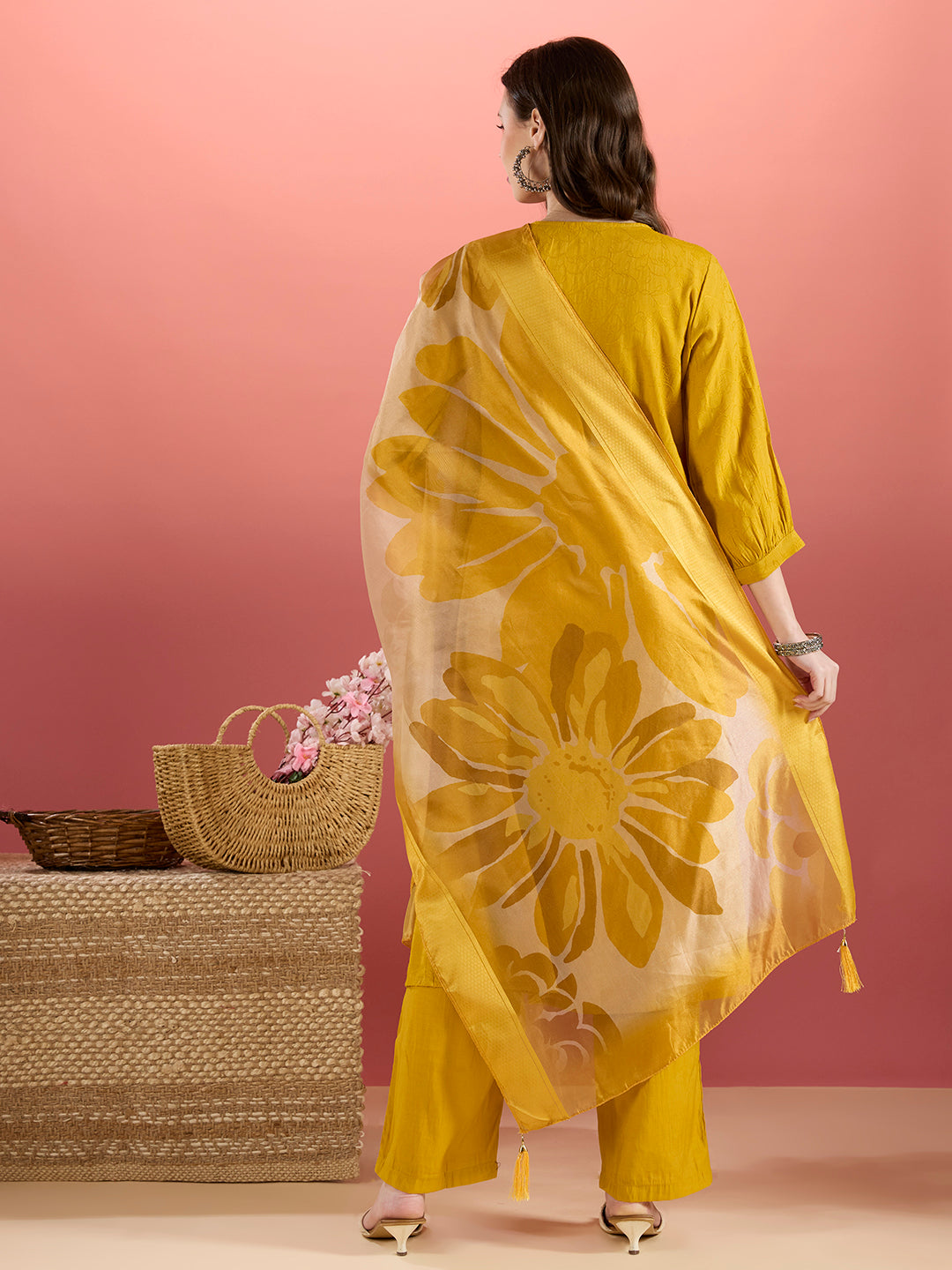 Solid Floral Embroidered A-Line Kurta with Palazzo and Dupatta - Mustard