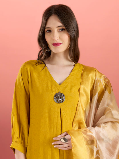 Solid Floral Embroidered A-Line Kurta with Palazzo and Dupatta - Mustard