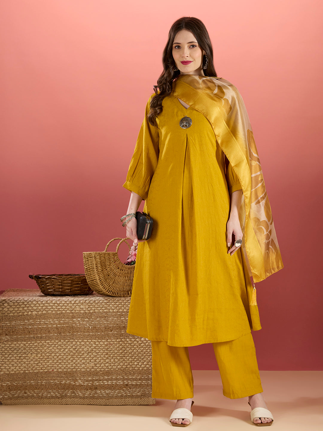Solid Floral Embroidered A-Line Kurta with Palazzo and Dupatta - Mustard