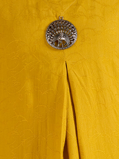 Solid Floral Embroidered A-Line Kurta with Palazzo and Dupatta - Mustard