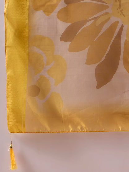 Solid Floral Embroidered A-Line Kurta with Palazzo and Dupatta - Mustard