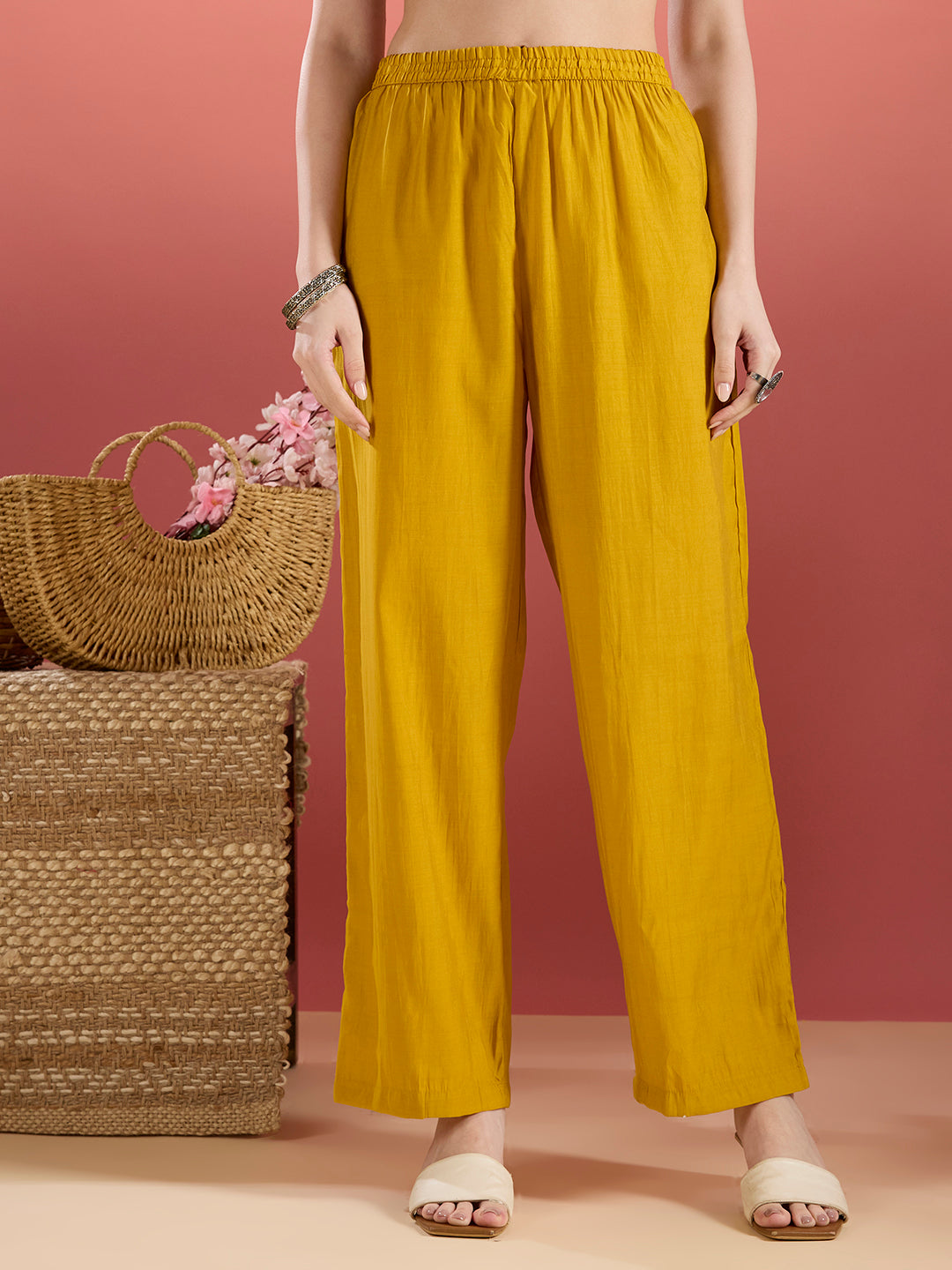 Solid Floral Embroidered A-Line Kurta with Palazzo and Dupatta - Mustard