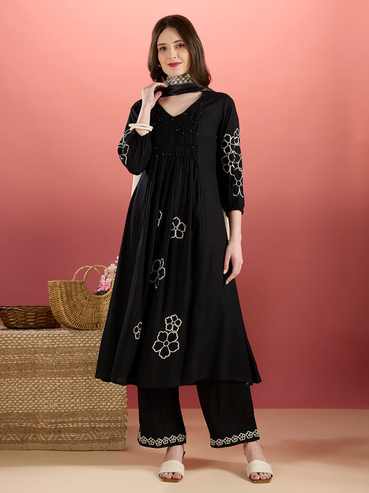 Floral Embroidered A-Line Pleated Kurta with Palazzo & Dupatta - Black