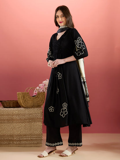Floral Embroidered A-Line Pleated Kurta with Palazzo & Dupatta - Black