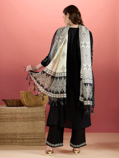 Floral Embroidered A-Line Pleated Kurta with Palazzo & Dupatta - Black