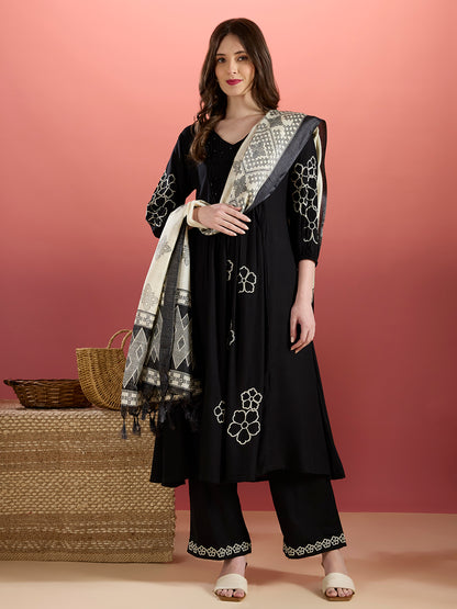 Floral Embroidered A-Line Pleated Kurta with Palazzo & Dupatta - Black