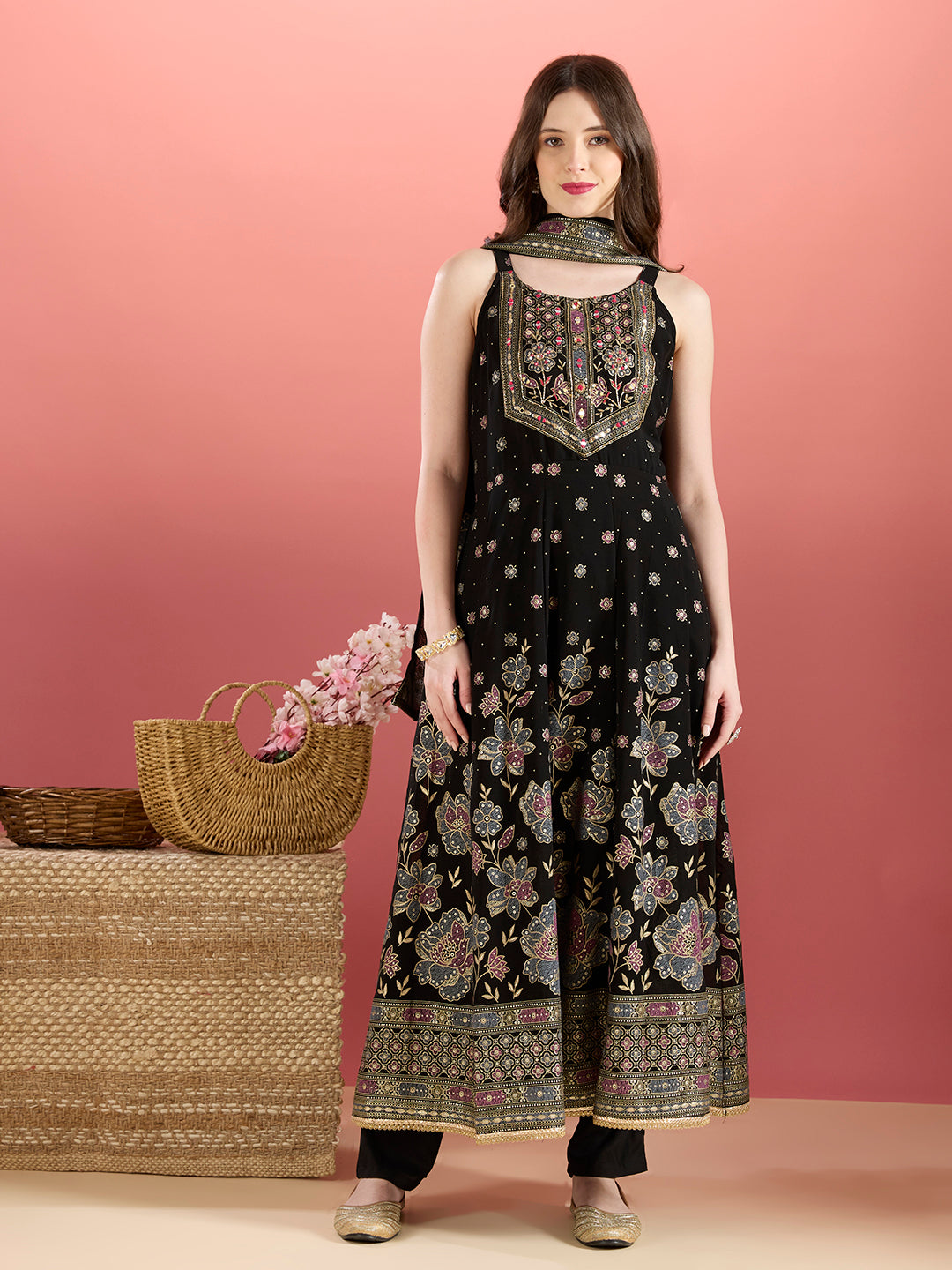 Festive Floral Printed Anarkali With Pant & Dupatta - Black