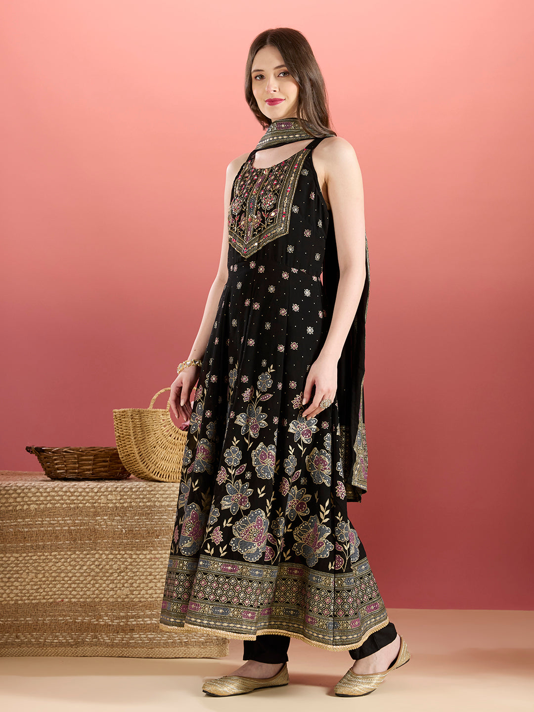 Festive Floral Printed Anarkali With Pant & Dupatta - Black
