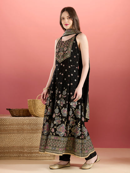 Festive Floral Printed Anarkali With Pant & Dupatta - Black