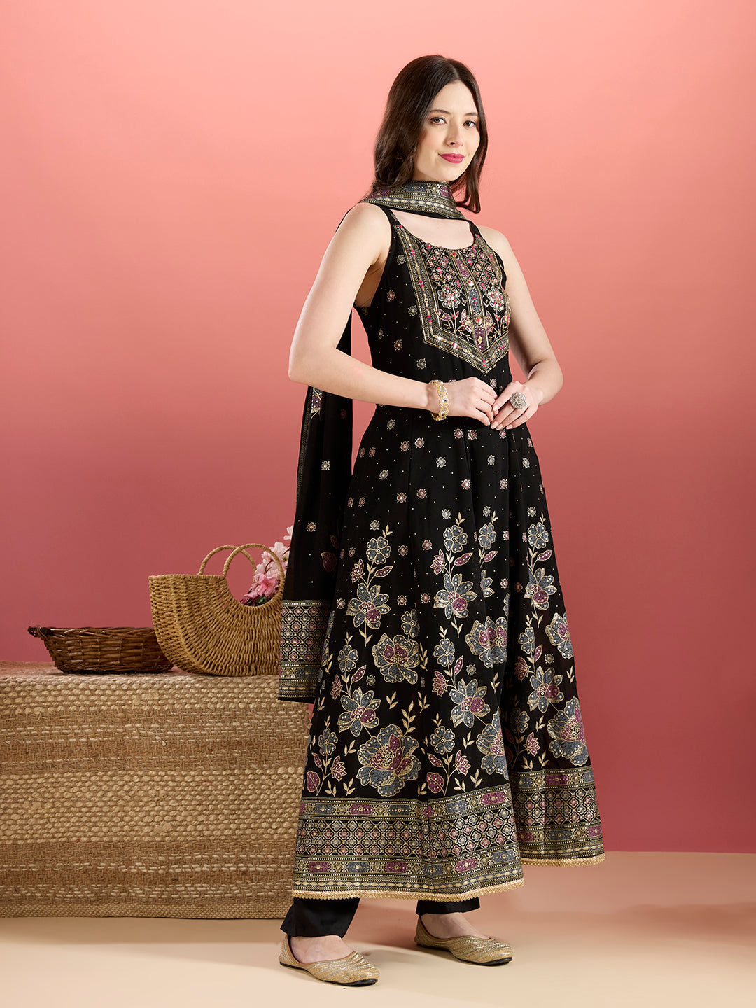 Festive Floral Printed Anarkali With Pant & Dupatta - Black